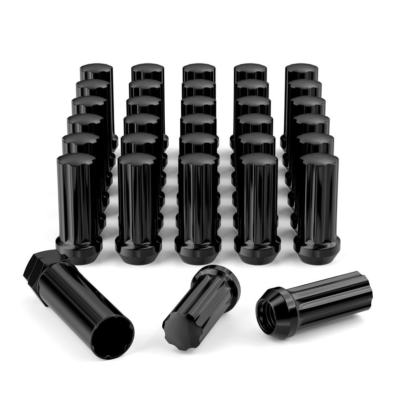 FLYCLE M14x1.5 Wheel Lug Nuts, 32pcs Black 14mmx1.5 Spline Lug Nut 2 Inch Tall with 1 Socket Key Compatible for Silverado Suburban Express Sierra Ram 2500 3500 F250 F350 8 Lug Aftermarket Wheels - Image 1